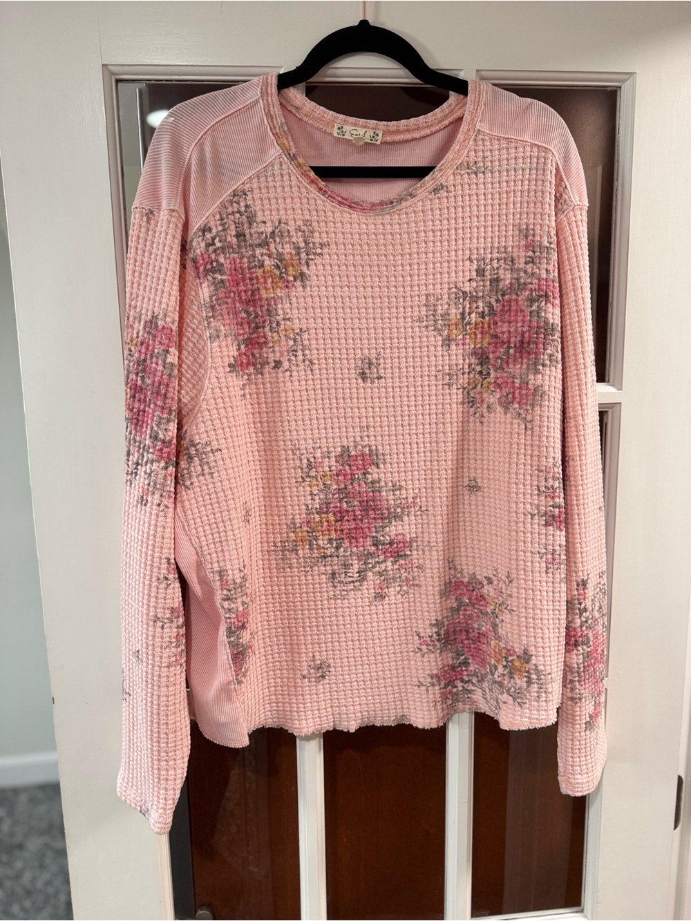 Easel Pink Floral Waffle-Knit Pullover Top